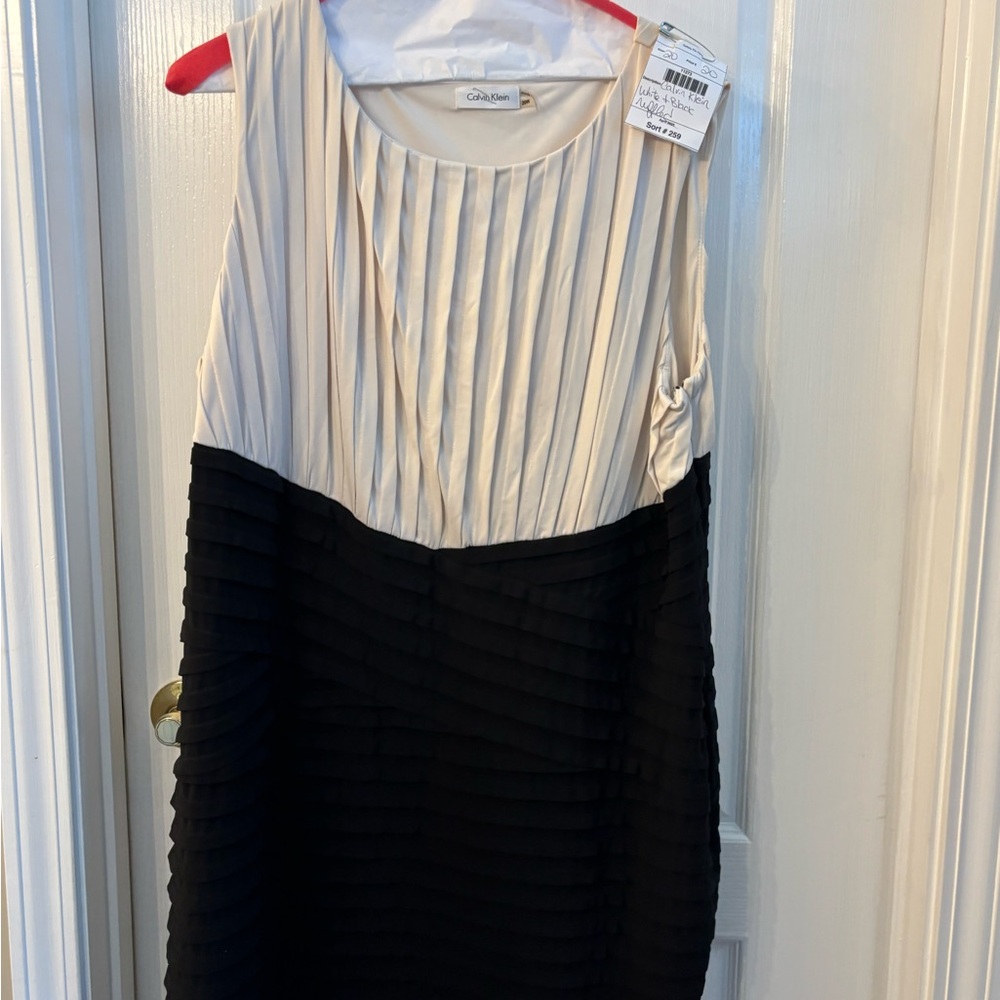 Calvin Klein Black and Cream Pleated Midi Dress
